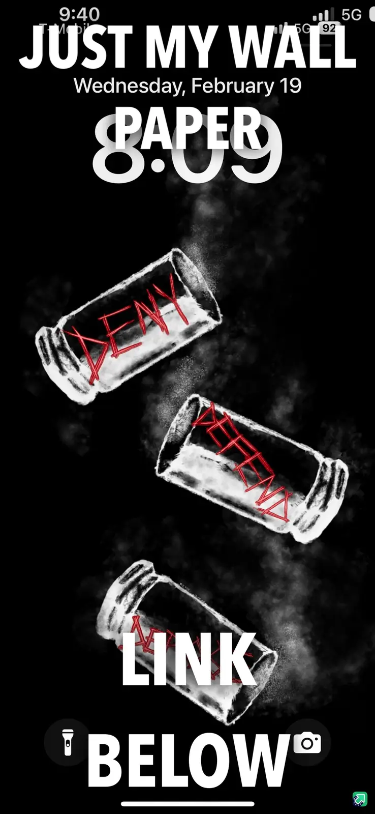 A phone lock screen image shows three glass jars with red scribbled text inside, overlaid with large white text reading…