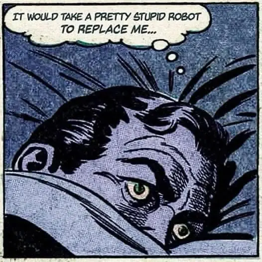 A vintage comic book panel shows a man with dark hair and green eyes peeking from under a blanket, looking alarmed. A…