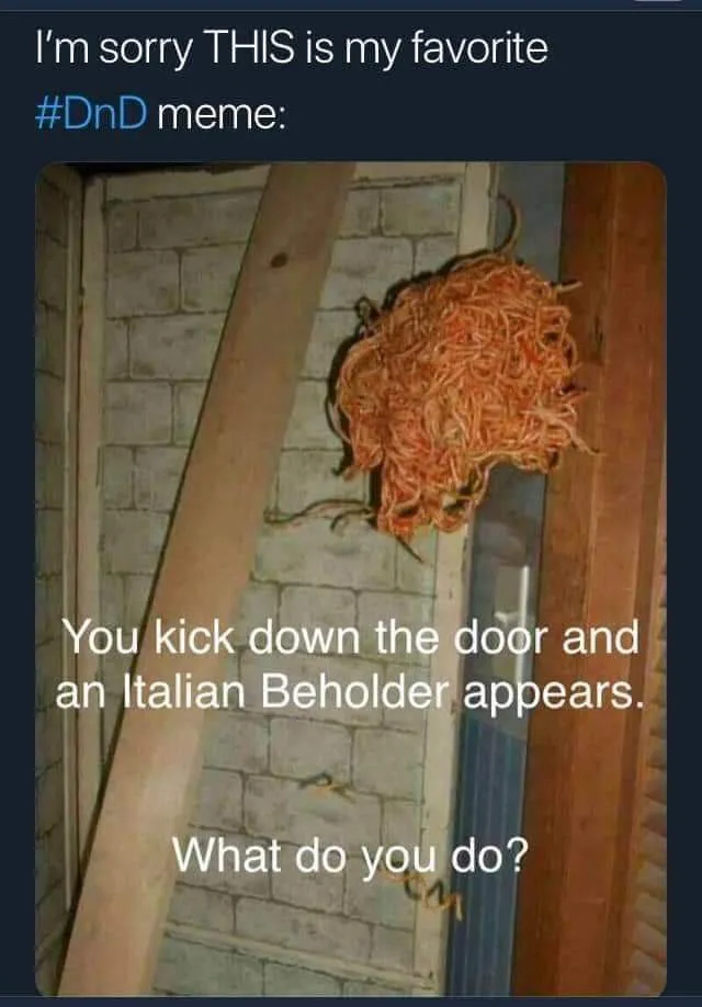 A photo shows a tangled mass of orange spaghetti hanging from a doorway frame against a brick wall. Overlaid white text…