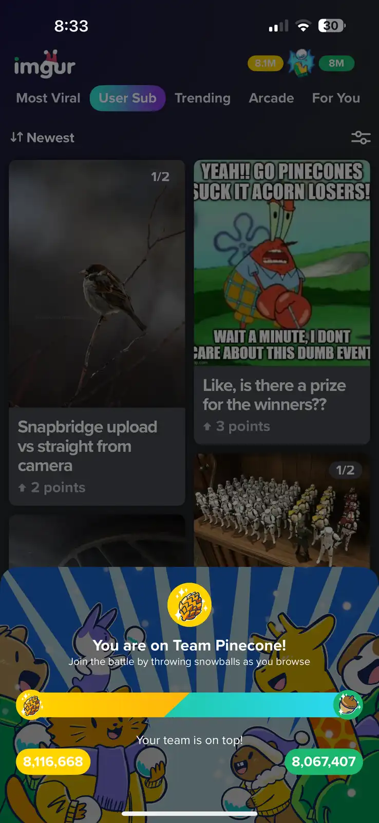 An Imgur mobile app screenshot shows a 'Team Pinecone' vs 'Team Acorn' battle overlay at the bottom, with scores 8,116,668…