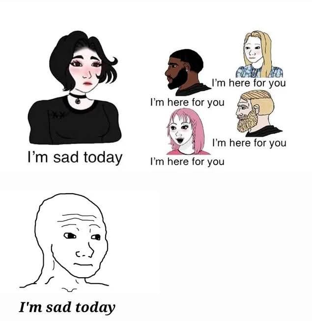 The top panel shows a sad-looking woman with the text 'I'm sad today'. Surrounding her are four diverse people, each with…