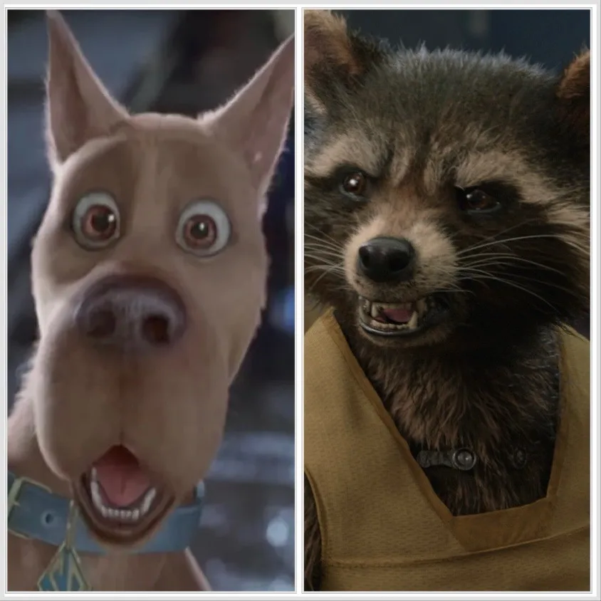 A split-screen image shows Scooby-Doo on the left with wide, terrified eyes and an open mouth, and Rocket Raccoon on the…
