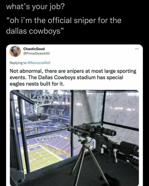 A screenshot of a tweet shows a photo of a sniper rifle mounted on a tripod inside a high vantage point overlooking a…