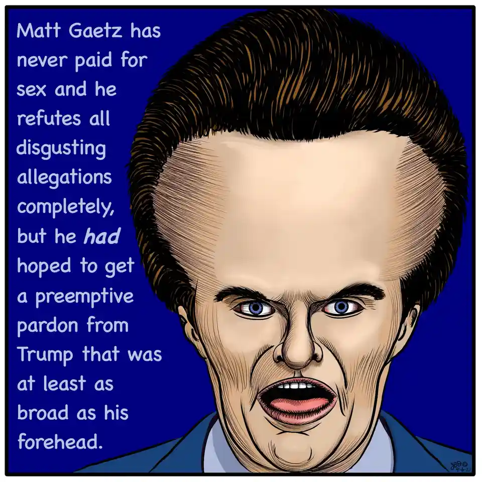 A cartoon illustration of a man with a large, balding forehead and intense expression, set against a blue background. The…