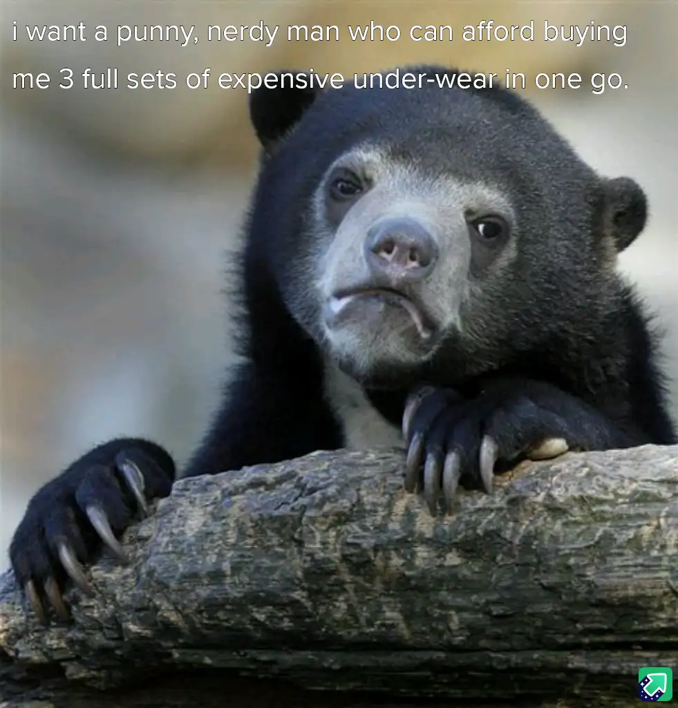 A close-up photo of a black and white bear with a sad, pleading expression, resting its paws on a log. White text overlaid…
