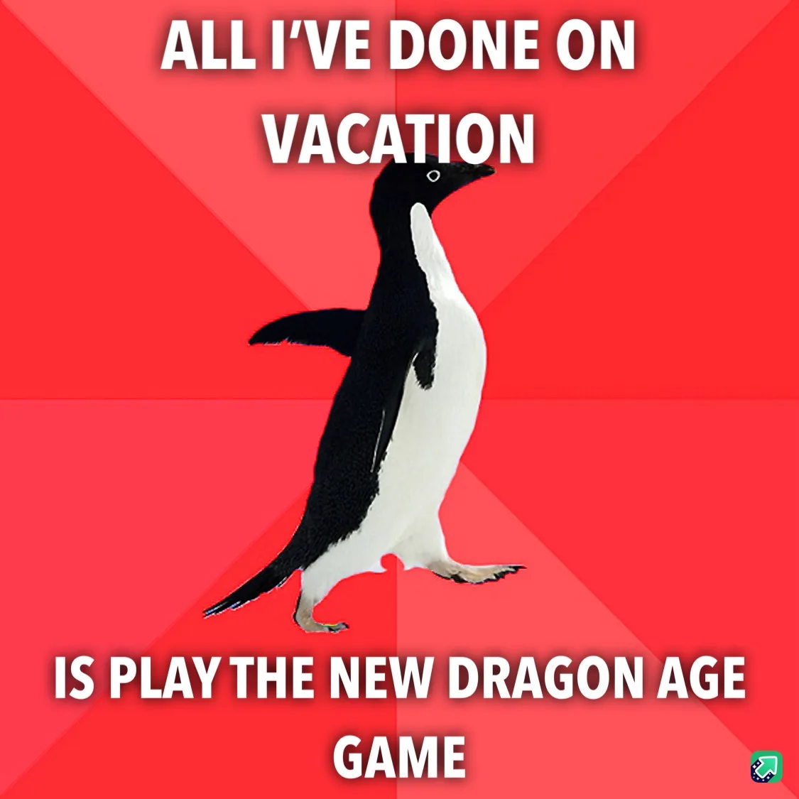 A black-and-white penguin stands centered against a red background with diagonal stripes. White bold text at the top reads…
