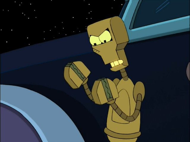 A cartoon robot with a stern expression and glowing eyes holds two sandwiches, standing beside a vehicle under a starry…