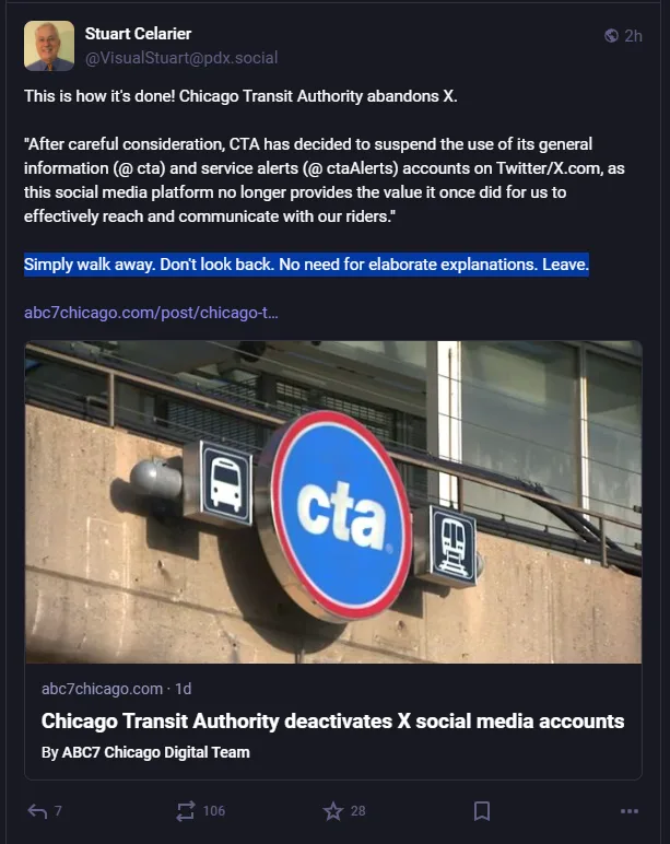 A screenshot of a Twitter post by Stuart Celarier showing a news article about the Chicago Transit Authority (CTA)…