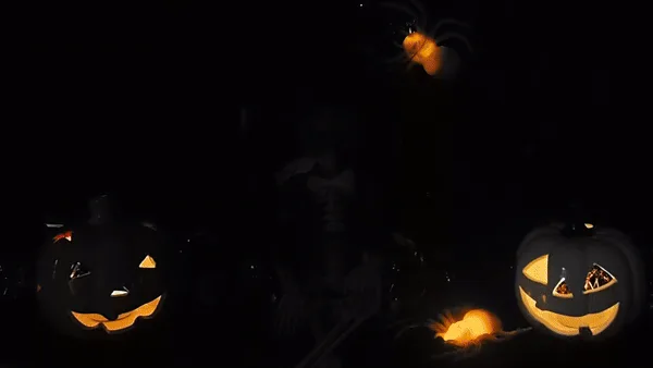 A Halloween-themed meme featuring a row of glowing jack-o'-lanterns and a skeleton in a dark, spooky setting with floating…