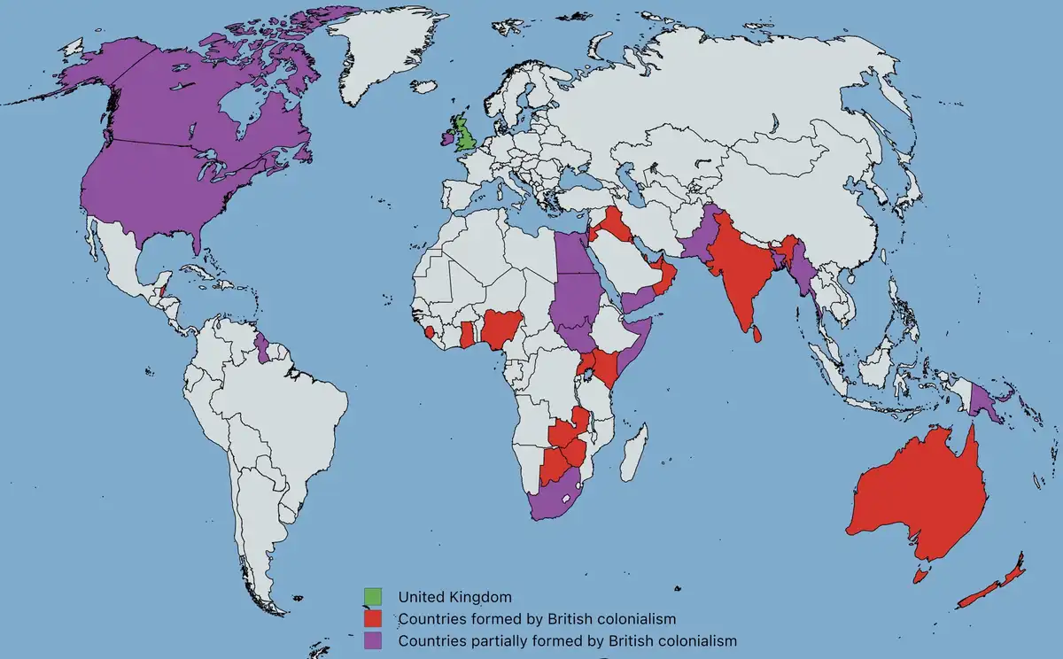 A world map color-coded to show the extent of British colonial influence: the UK is green, countries fully formed by British…