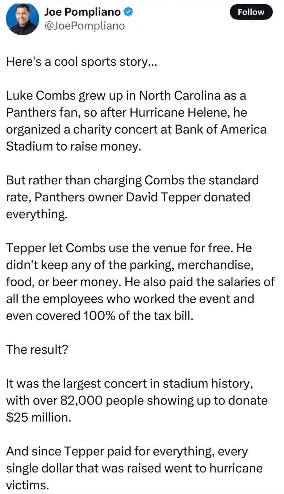 A screenshot of a tweet by Joe Pompliano detailing how Panthers owner David Tepper donated everything to let Luke Combs host…