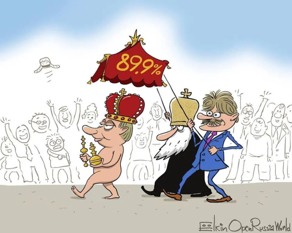 A cartoon depicts a naked man with a crown holding scepters, walking beside a robed figure with a long white beard and a…