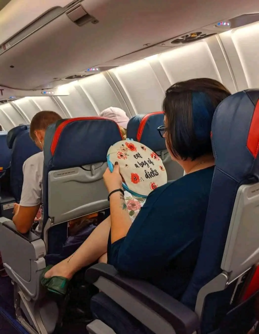 A person is seated on an airplane, holding a round, floral-patterned pillow that reads 'eat a bag of dicks' in black cursive…