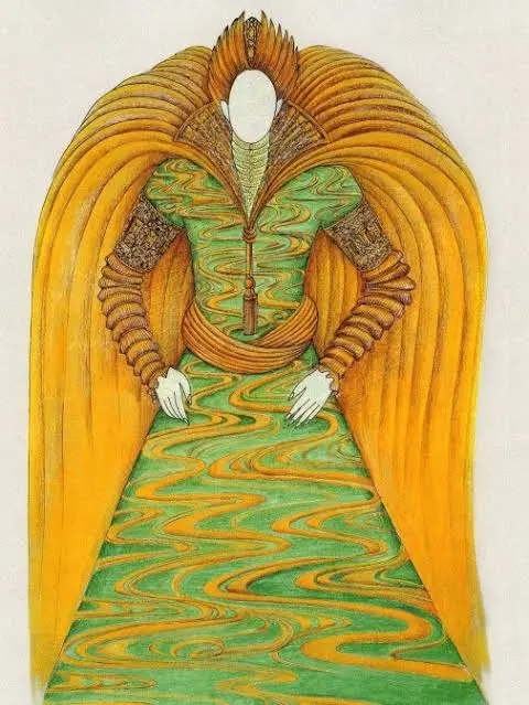 An illustrated figure with no face, wearing an ornate green and gold gown with flowing, wavy patterns and a large, elaborate…