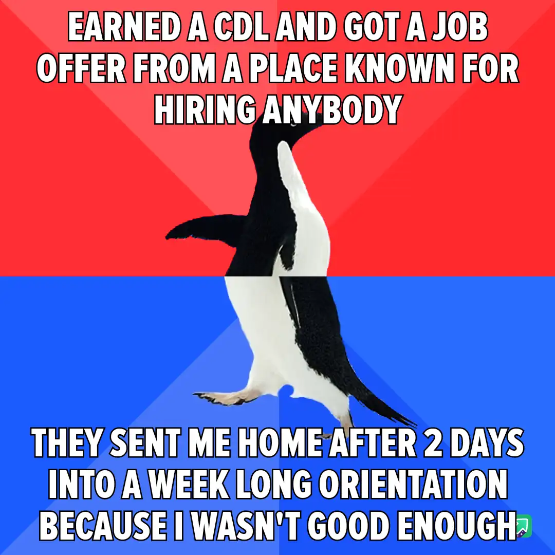 A penguin stands upright against a red and blue background, with white bold text overlaid in two sections. The top text…