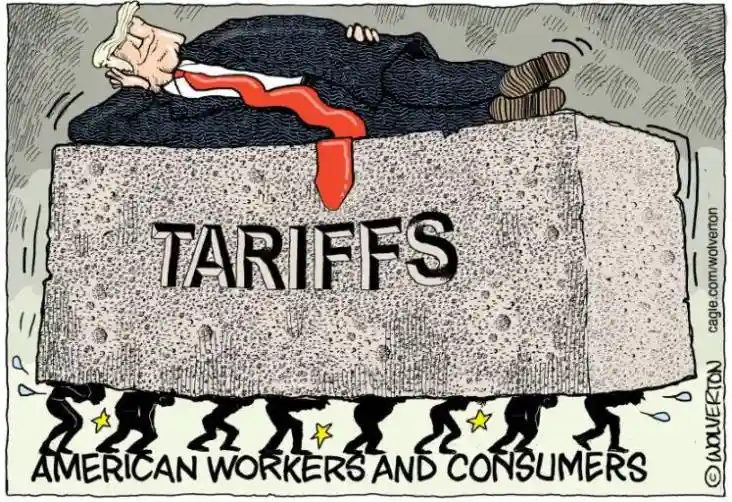 A cartoon depicts a man with white hair and a red tie lying asleep atop a large stone slab labeled 'TARIFFS'. Below the…