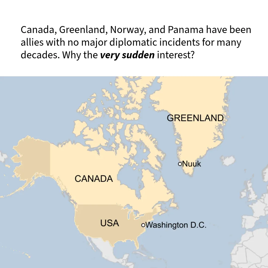 A map showing Canada, Greenland, and the USA with Washington D.C. labeled, overlaid with text questioning why there's sudden…