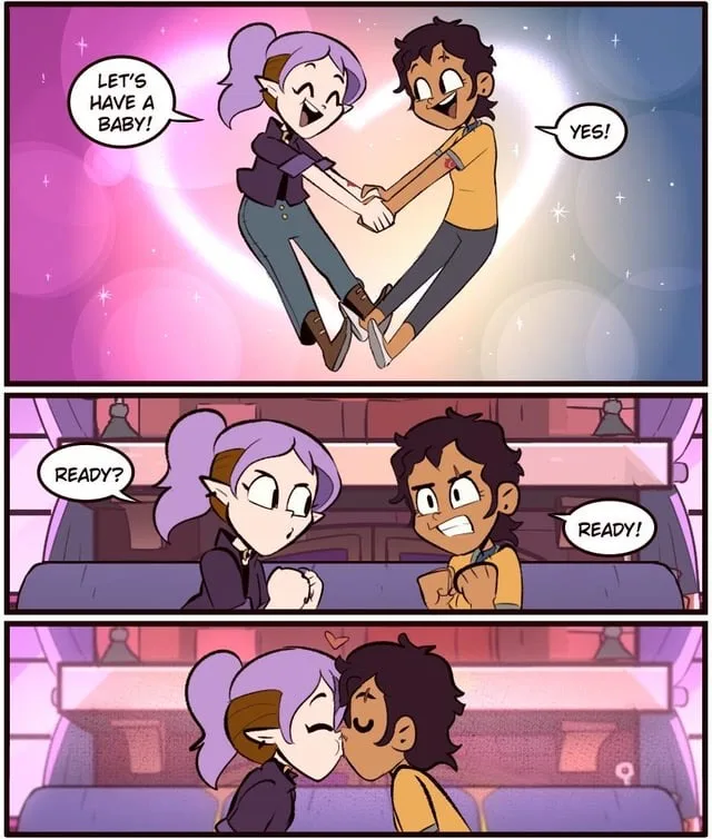 Three-panel comic strip featuring two animated characters, a purple-haired elf woman and a dark-haired man, celebrating a…