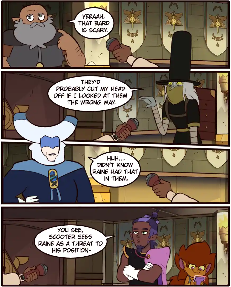 A four-panel comic strip from 'The Owl House' shows characters reacting to a bard. A bearded man says the bard is scary. A…