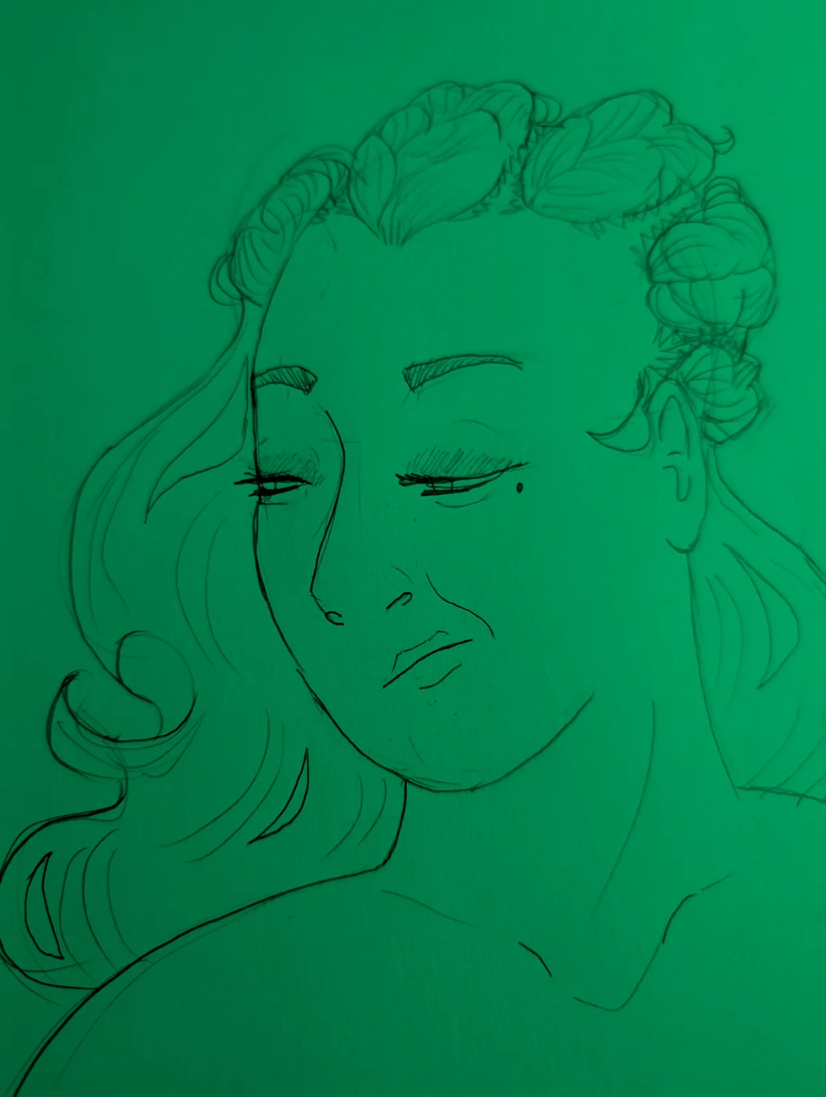 A sketch of a person with braided hair and closed eyes, looking serene or sad, overlaid with the text 'i'm not crying…