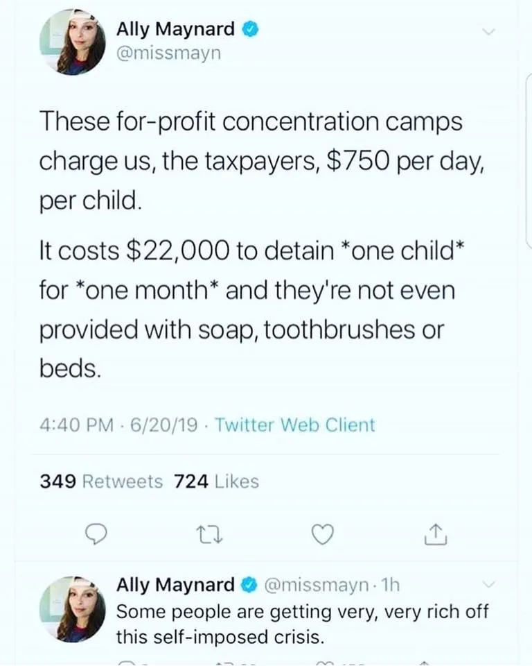 A screenshot of a Twitter thread by Ally Maynard showing outrage over for-profit detention centers charging $750 per day per…