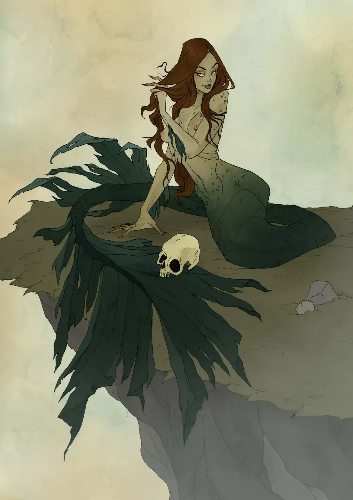 A pale, long-haired mermaid with a green, leafy tail sits on a cliff edge, looking over her shoulder with a knowing smile. A…