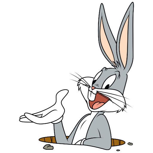 a cartoon rabbit with long ears and a white muzzle is partially buried in a hole, smiling and gesturing with one hand as if…