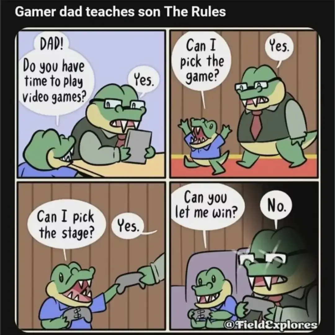 A four-panel comic strip featuring cartoon crocodiles, where a son asks his dad for gaming privileges. The dad agrees to let…