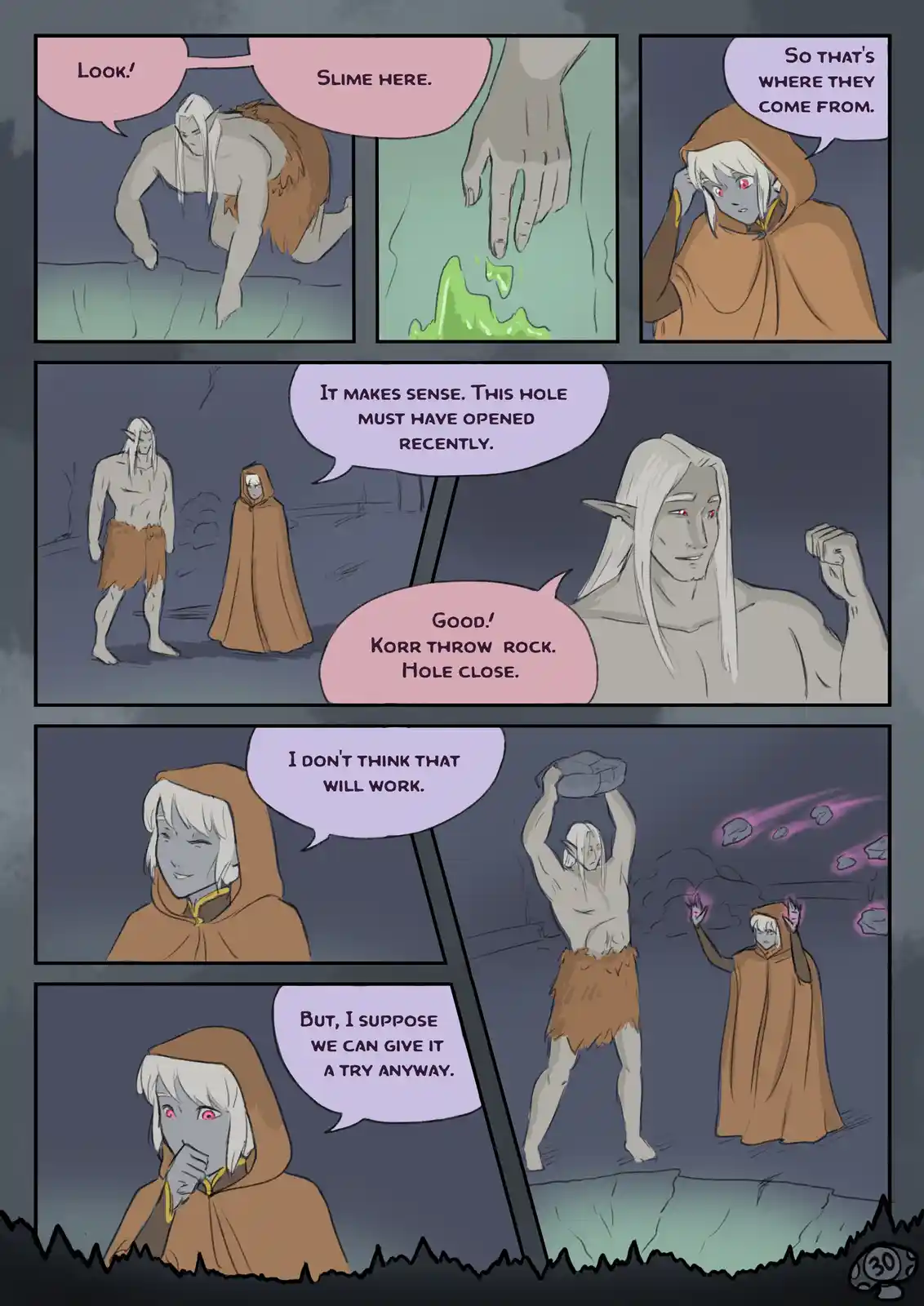 A comic strip shows two fantasy characters, one muscular with white hair and the other in a brown hooded robe, discovering…