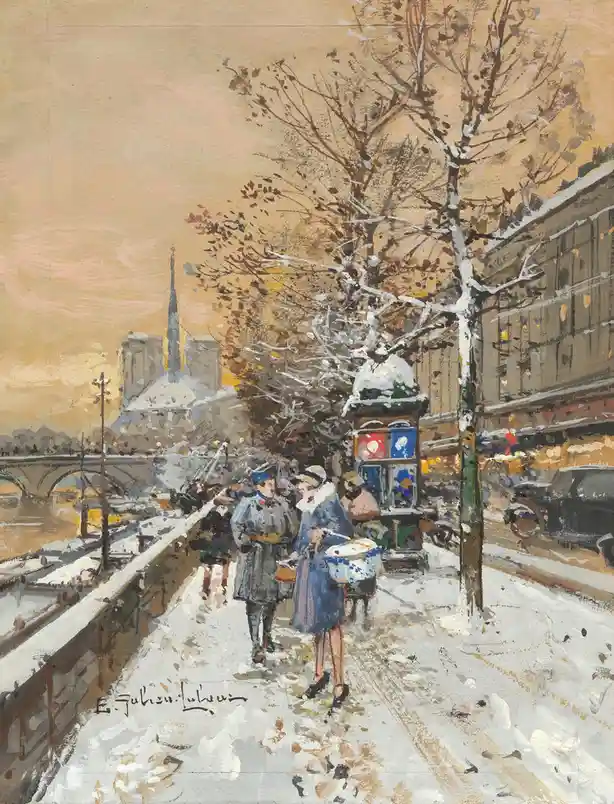 A vintage painting depicts a snowy Parisian street scene with people walking near a river, bare trees dusted with snow, and…