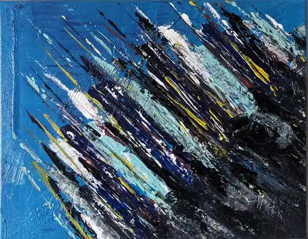 An abstract painting with thick, textured brushstrokes in blue, black, white, and yellow, diagonally streaking across the…