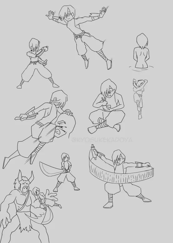 A black-and-white line art sketch sheet showing multiple poses of an anime-style character, including fighting stances, a…