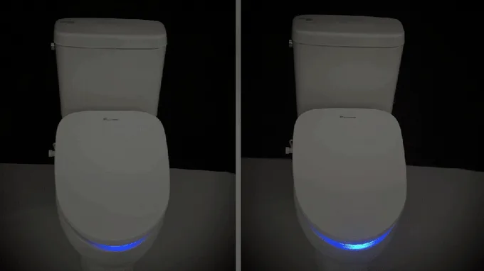 A product advertisement collage showing a smart toilet with automatic lid opening and ambient lighting. The top row…