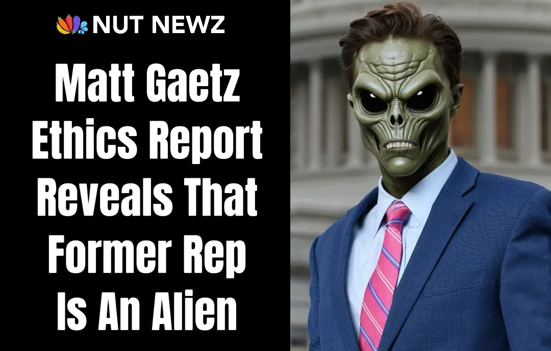 A person wearing a green alien mask with human hair, dressed in a blue suit and pink striped tie, stands in front of a…