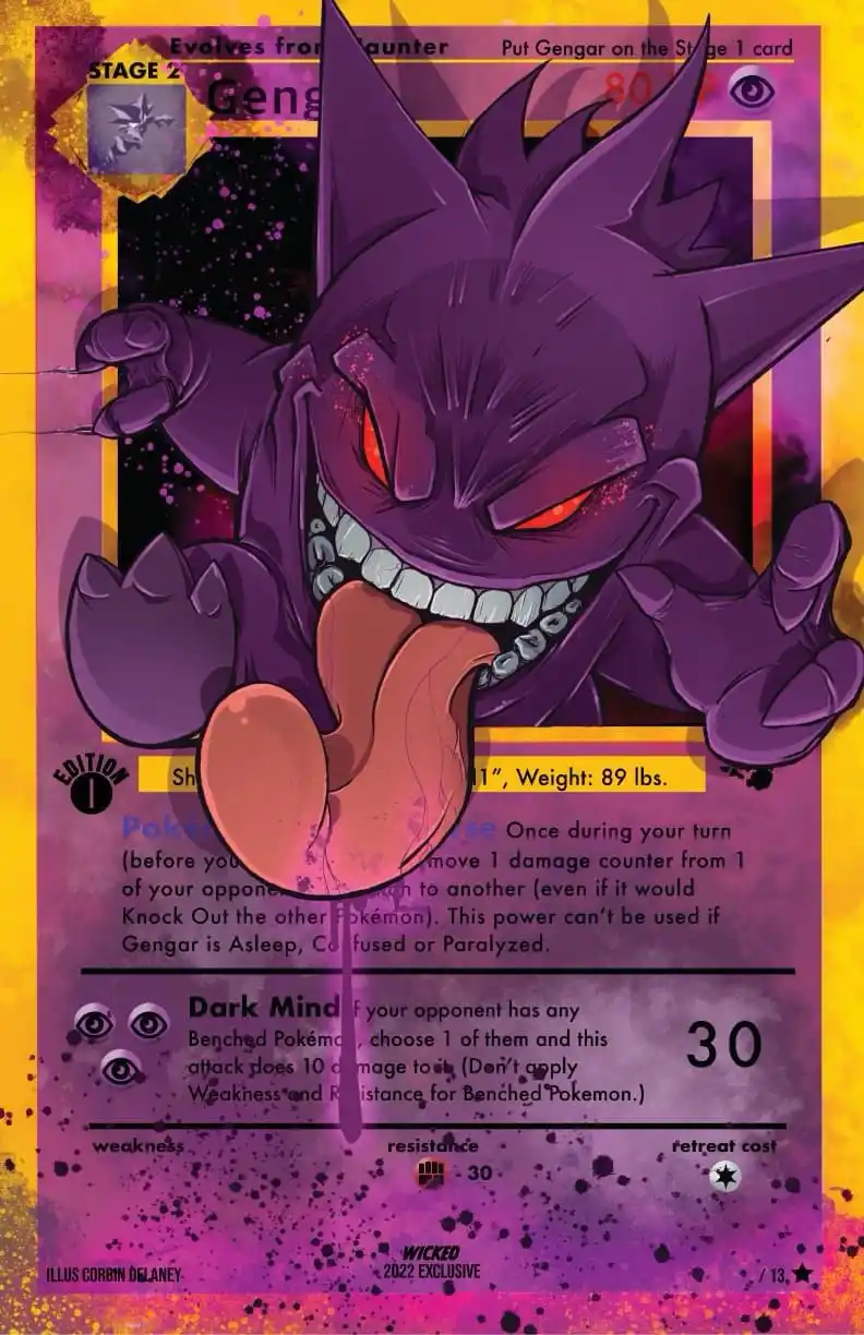 This is a modified Pokémon trading card featuring Gengar, a purple ghost-type Pokémon with glowing red eyes and a long…