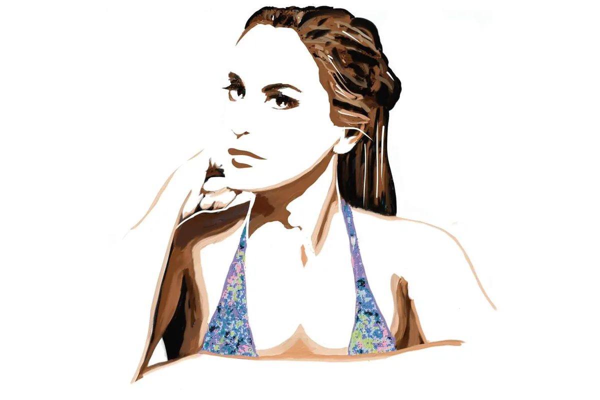A stylized illustration of a woman with brown hair in a bun, wearing a patterned bikini top, resting her chin on her hand…