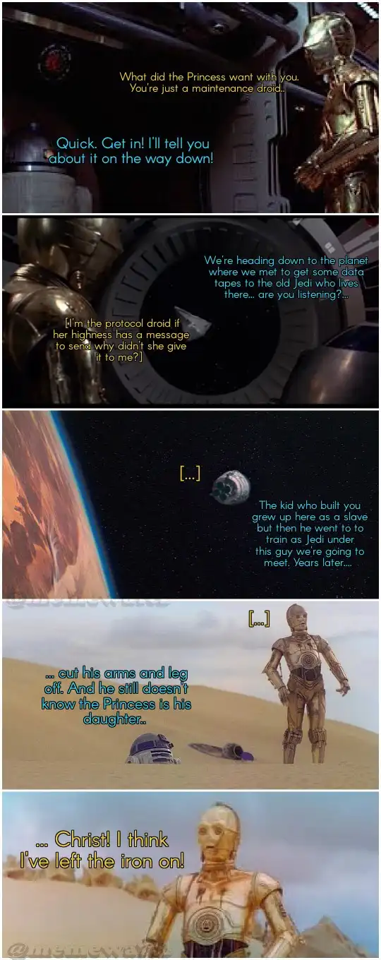 A five-panel Star Wars meme featuring C-3PO and R2-D2. The panels show C-3PO being told a secret about Princess Leia's…