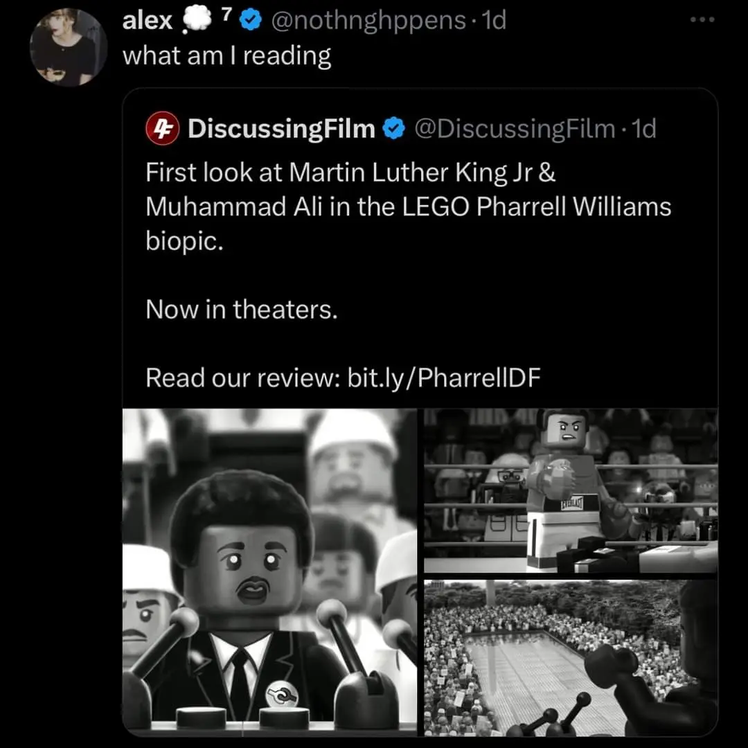 A screenshot of a tweet from 'DiscussingFilm' announcing a 'LEGO Pharrell Williams biopic' featuring LEGO versions of Martin…