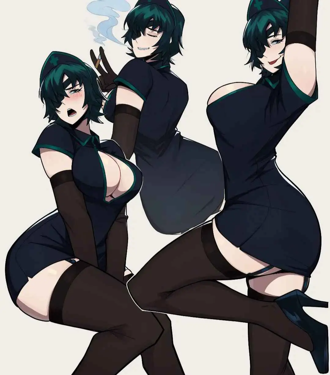 three anime-style female characters in revealing black nurse uniforms with green trim and thigh-high stockings strike…