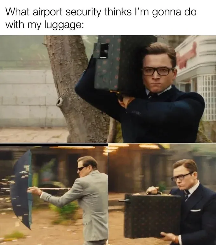 A three-panel meme featuring actor Christoph Waltz in a dark suit and glasses. The top panel shows him holding a suitcase…