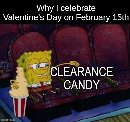 SpongeBob SquarePants sits in a movie theater seat holding a giant cup of popcorn, looking pleased. Overlaid text reads 'Why…