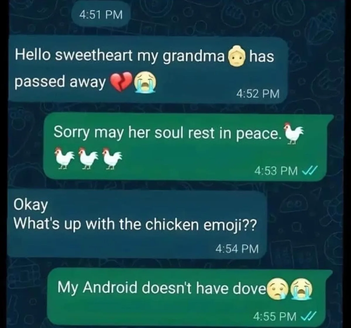 A screenshot of a text conversation shows one person informing their partner their grandma has passed away, and the partner…