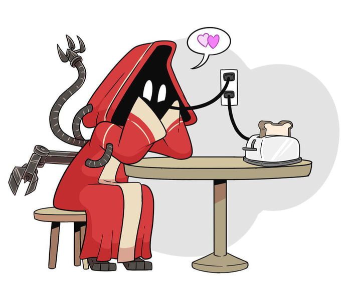 A cartoon devil in a red robe sits at a table, staring lovingly at a toaster with a speech bubble containing two pink…
