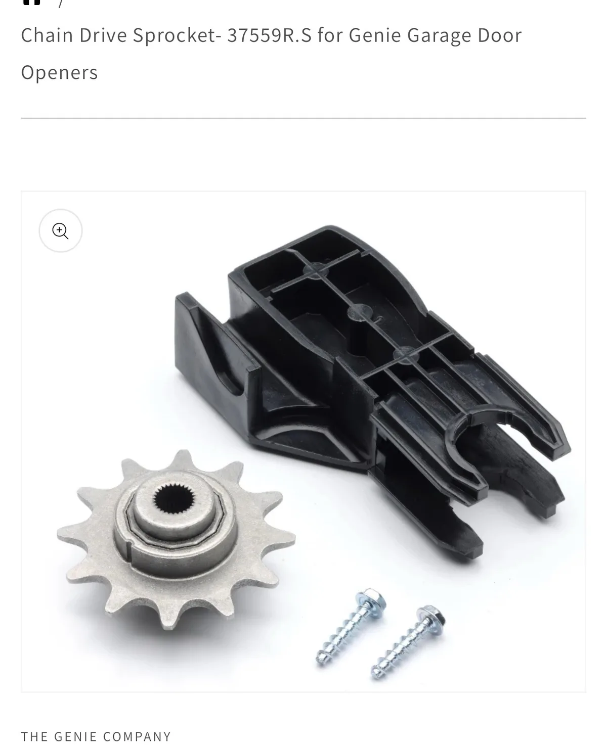 A product photo shows a metal sprocket, a black plastic housing, and two screws against a white background. The overlaid…