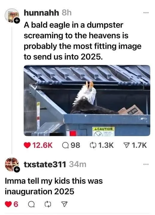A screenshot of a social media post showing a bald eagle perched inside a blue dumpster, its head tilted back as if…