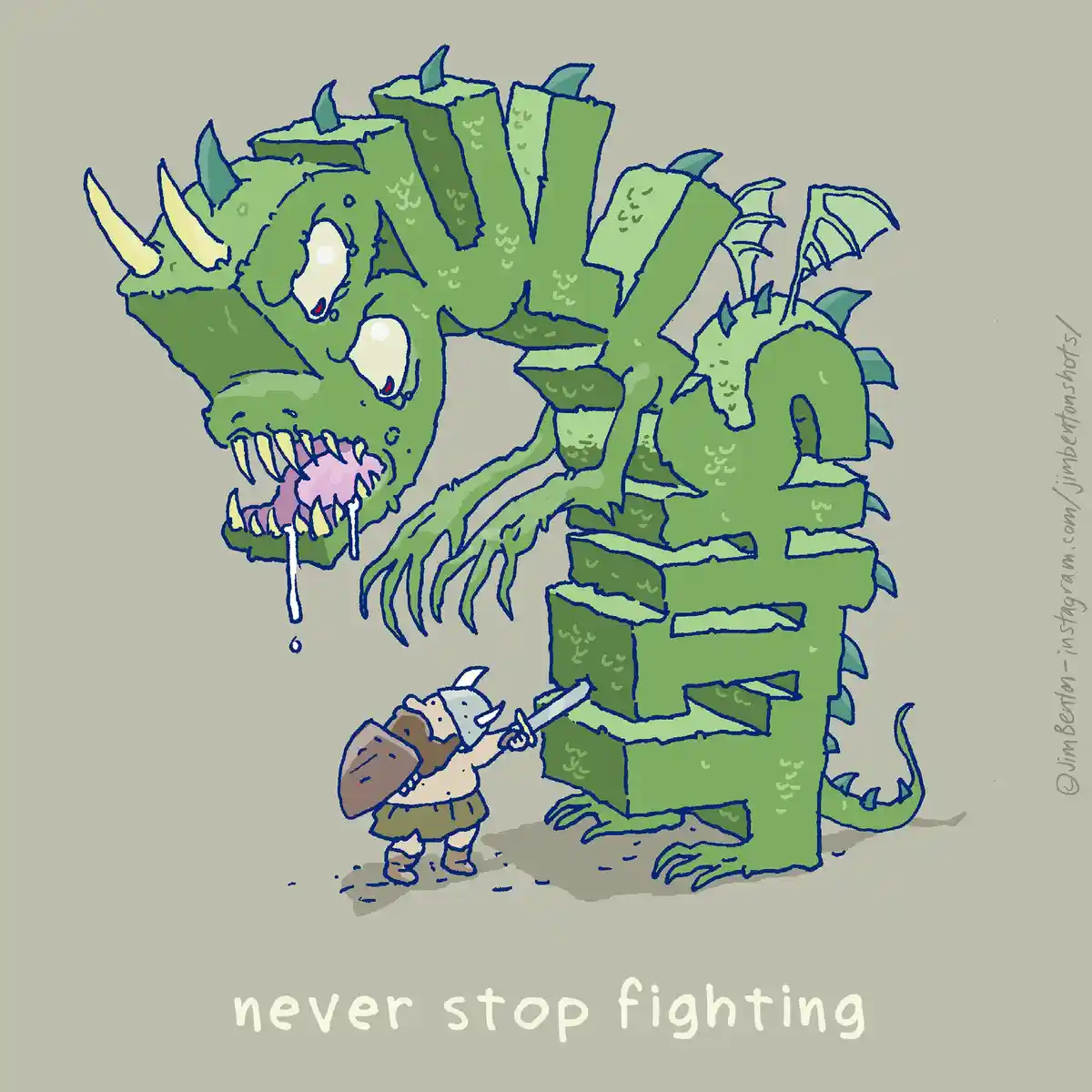 A cartoonish green dragon made of stacked, mossy stone blocks stands over a tiny warrior who is stabbing at its leg. The…