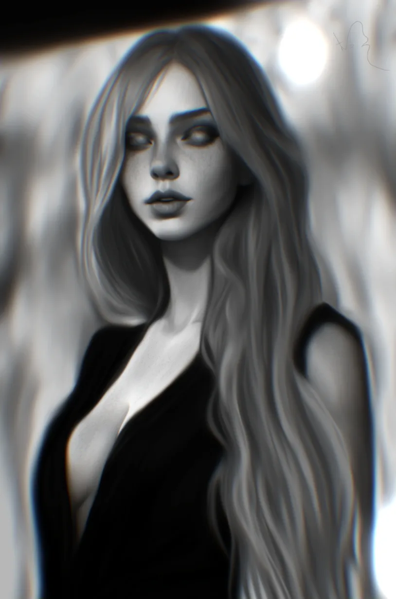 A grayscale digital portrait of a woman with long, wavy hair and a black top, looking directly at the viewer with a neutral…