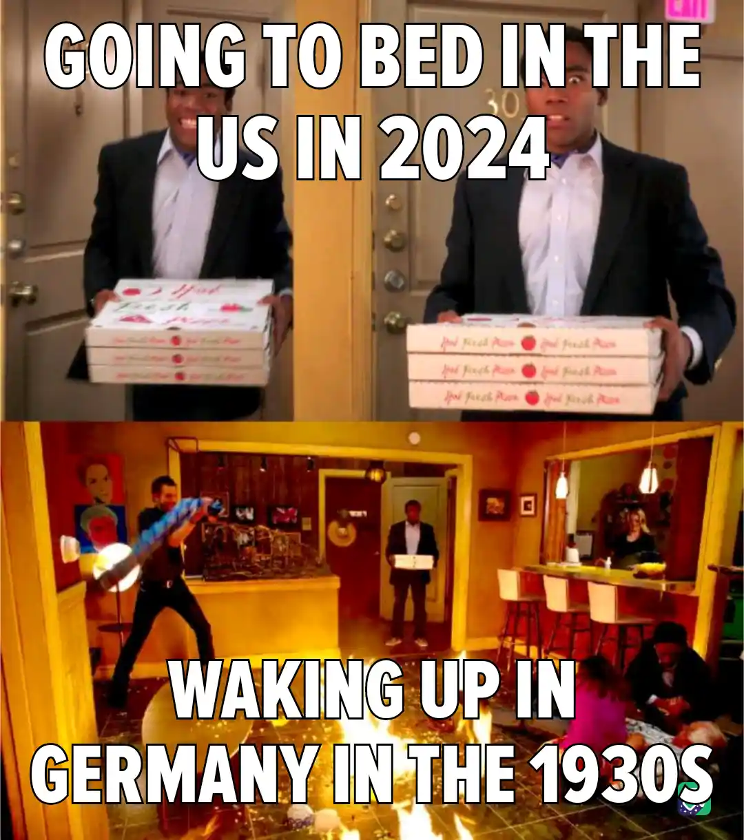 The meme shows a split image: top panel features a man in a suit holding multiple pizza boxes with a cheerful expression…