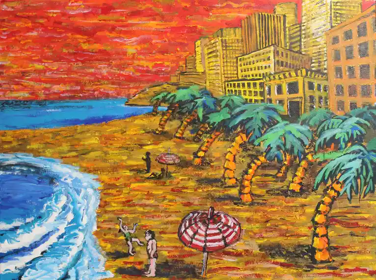 A vibrant, textured painting depicts a beach scene with palm trees, red-and-white striped umbrellas, and people enjoying the…