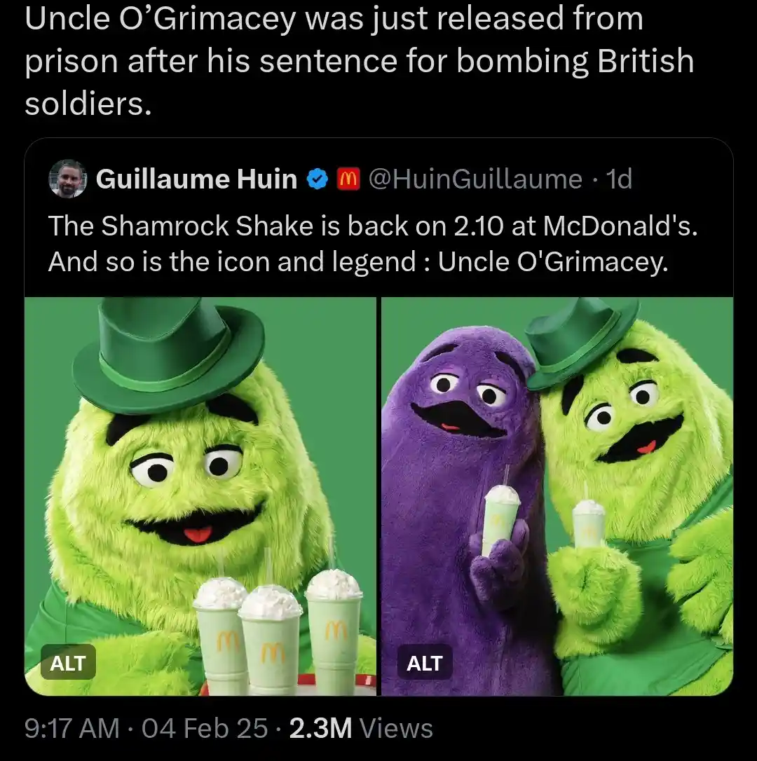 The image shows a split-screen of McDonald's promotional photos featuring the green, furry mascot Uncle O'Grimacey wearing a…